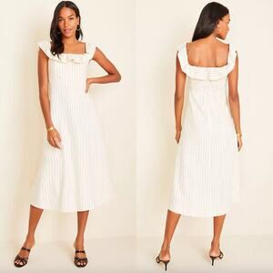 Ann Taylor Women's Pinstripe Ruffle Flare Linen Blend Midi Dress Size 12